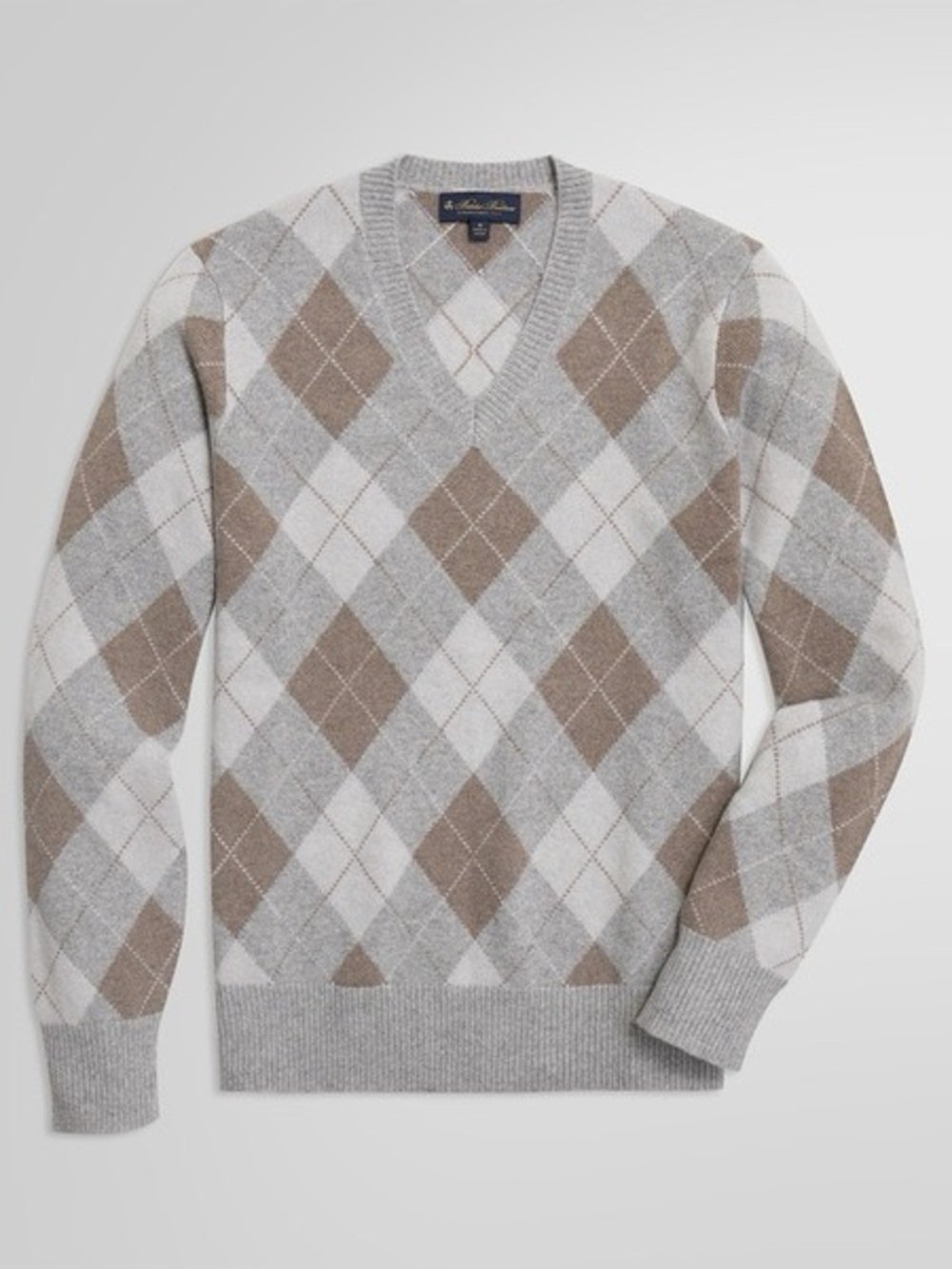 Brooks Brothers V-Neck Argyle Sweater in Gray, White and Brown